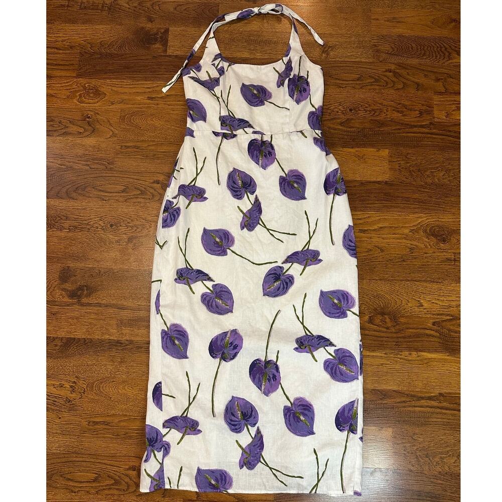 Reformation Yana Linen Maxi Dress Women’s 12 White Floral Halter Summer Dress